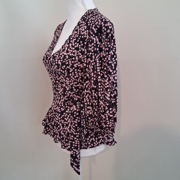 Ganni Floral Flounce Pink and Black Wrap Blouse Size 32, U.S XS - Picture 3 of 10